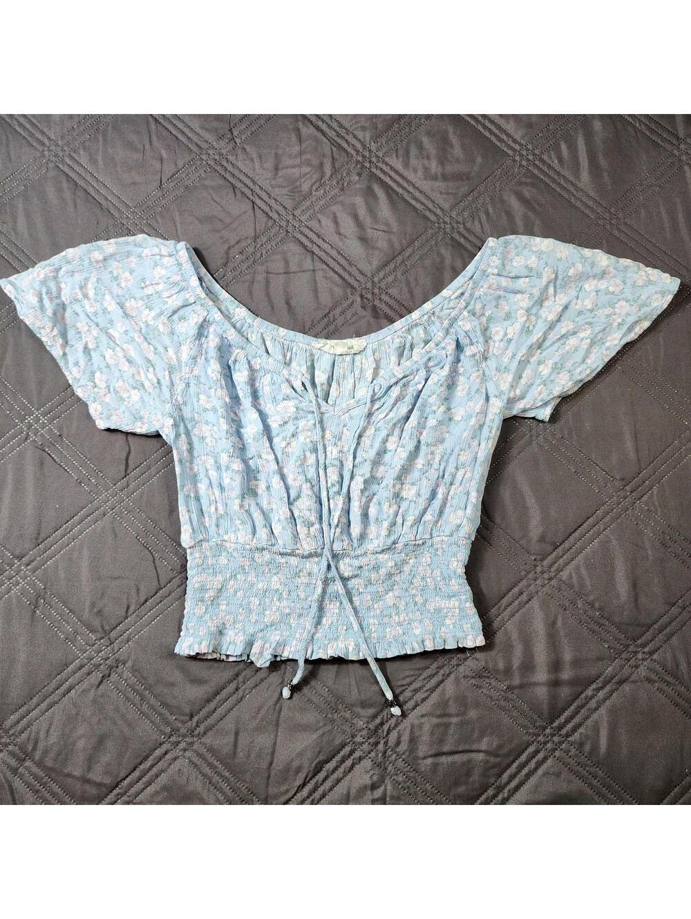 Hippie Rose Cropped Blue Floral Top Women's Small Off Shoulder Boho Coquette